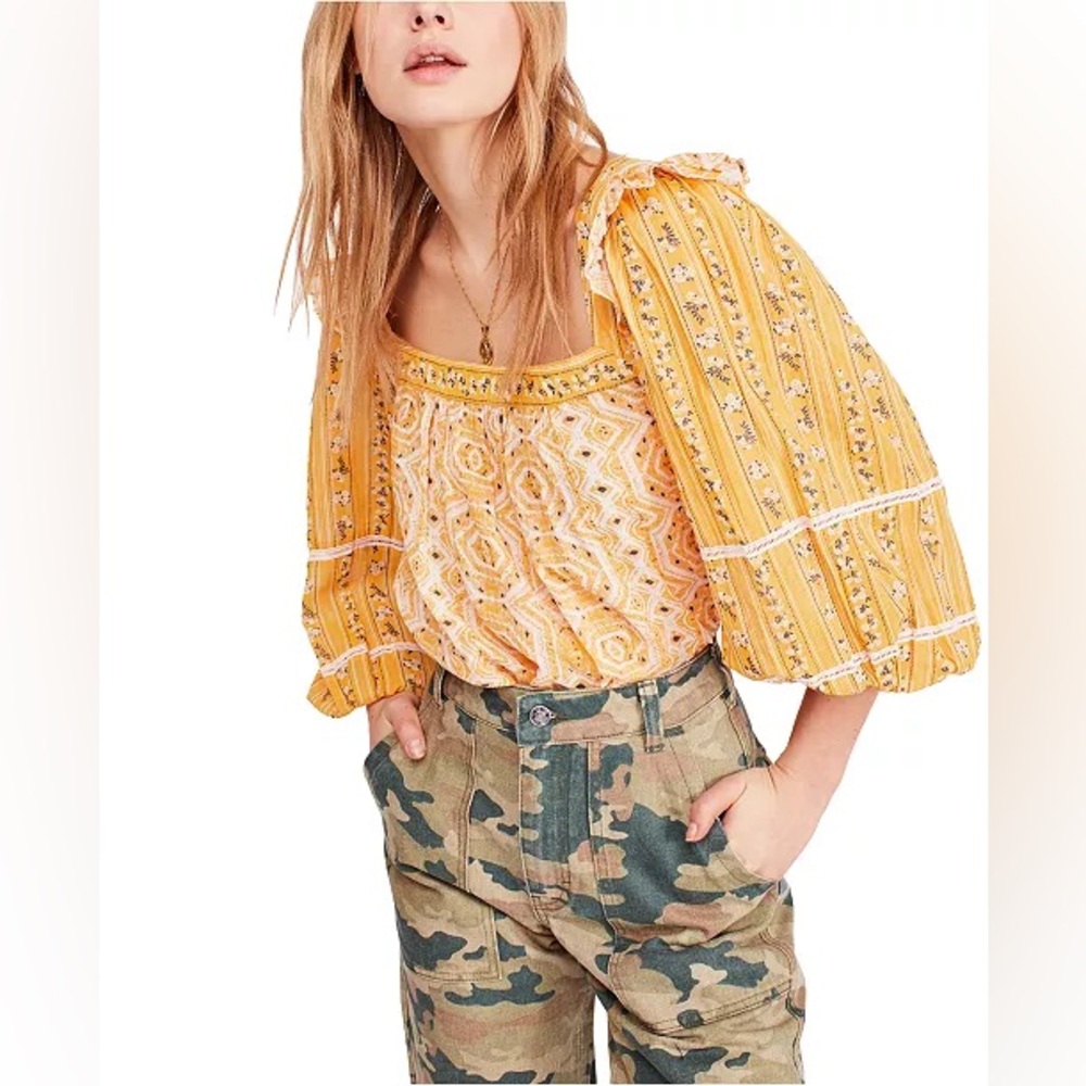 Free People Mostly Meadow Top Yellow Cotton Blouse Size XS